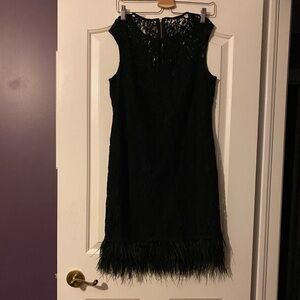 Calvin Klein strapless lace dress with feather trim